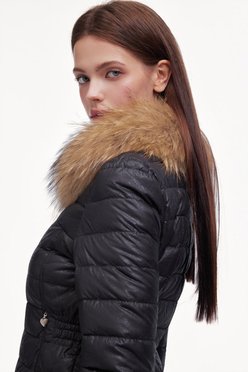 Down jacket with a fur collar in black