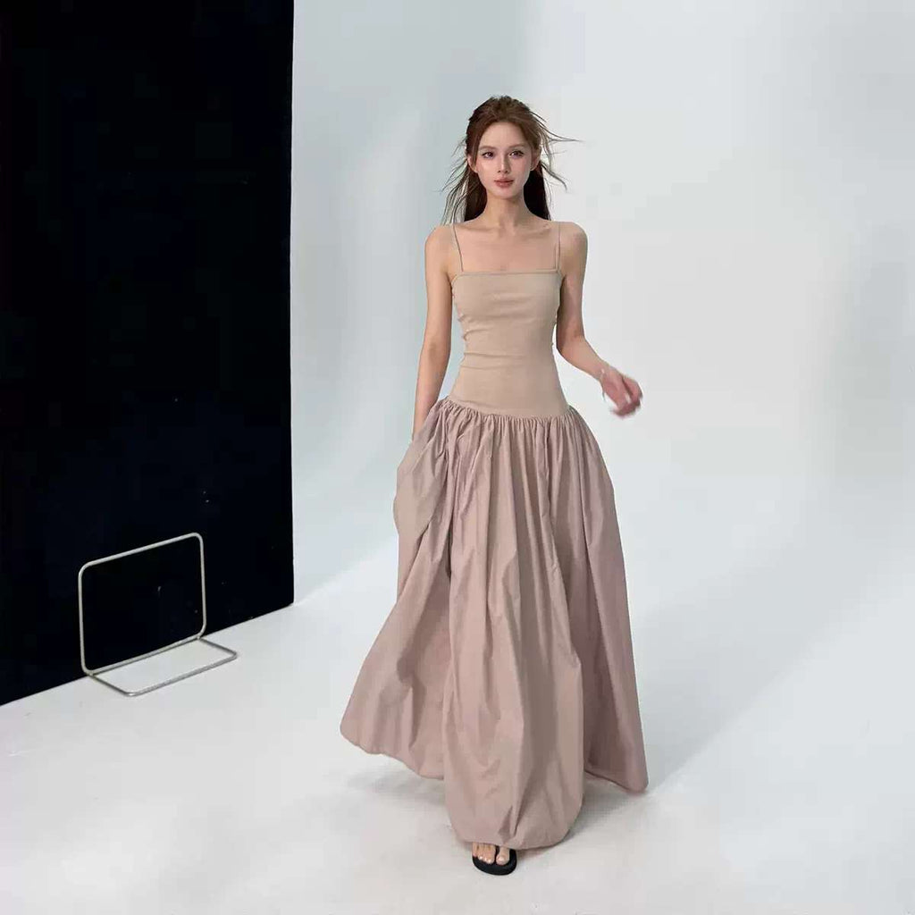 Elegant Solid Brown Spaghetti Strap Camisole Dress Casual Loose Midi Dress