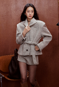 Heather gray belted short wool blend blazer
